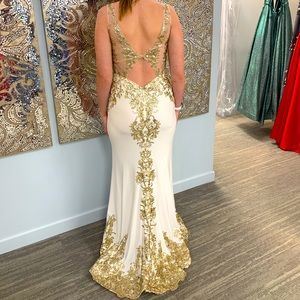 White Prom Mori Lee Madeline Gardner Dress. Gold Accents